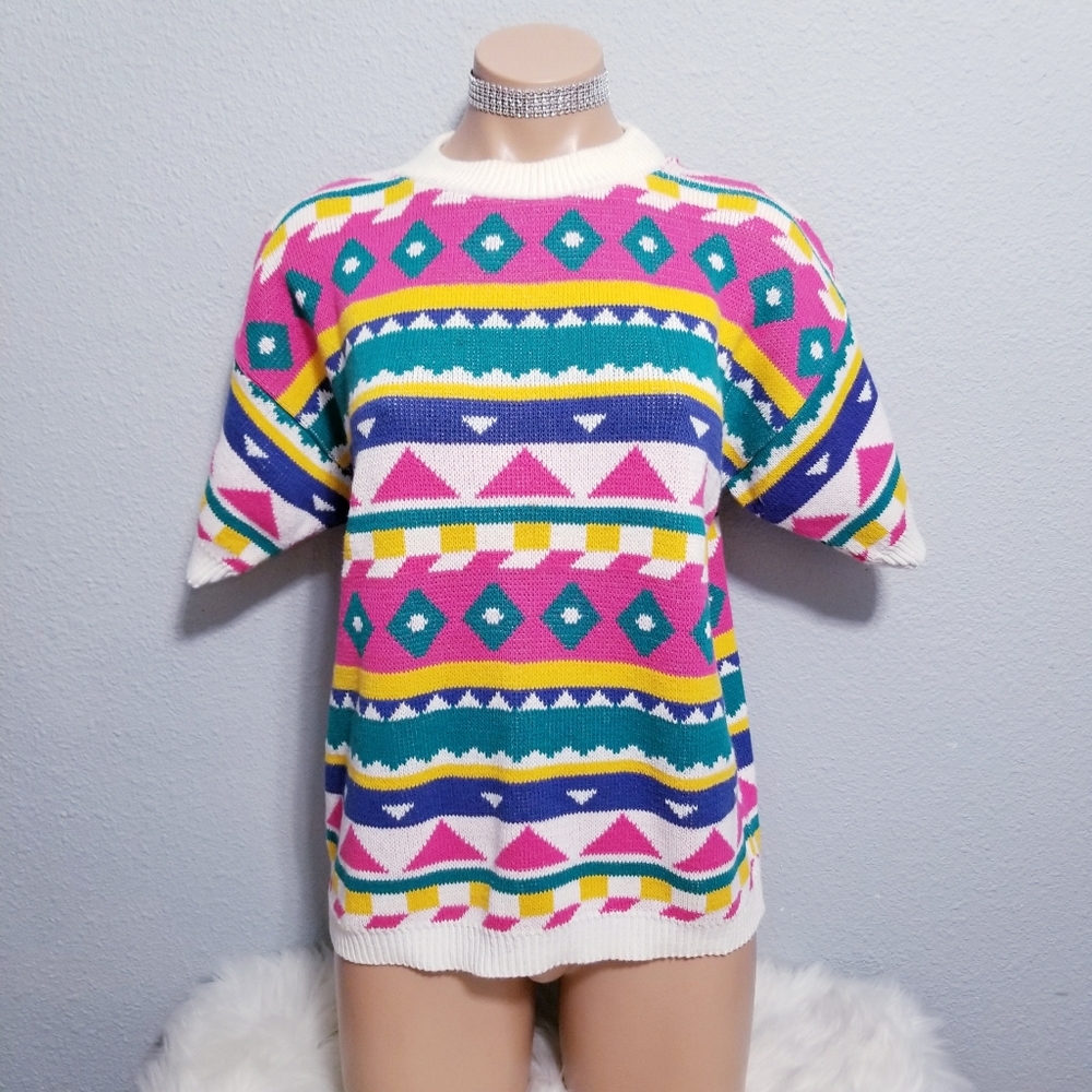 Vintage Multicolor Geometric Knit Sweater Top; Saved by the Bell